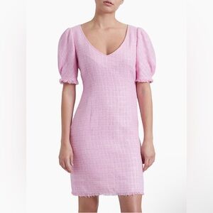 Santorelli Bianca Tweed Knee-Length Dress Sz 46 US 10 Medium Pink V Neck Fringe